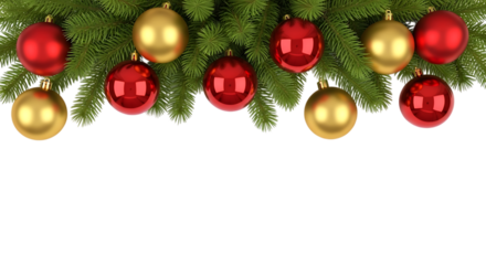Festive evergreen branches adorned with shiny red and golden oval shaped christmas ornaments isolated on transparent background