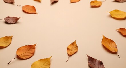 Fototapeta premium Autumnal concept with a beautiful frame of fallen yellow, orange, and red leaves on a neutral beige background with empty copy space