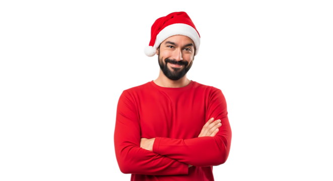 Festive man wearing a red christmas sweater and santa hat with arms crossed and a playful wink isolated on transparent background