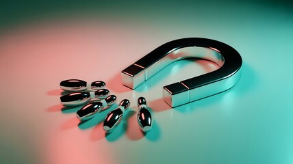 Metallic horseshoe magnet attracting bowling pins against gradient background conceptualizing force and attraction