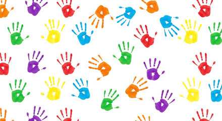 A vibrant and playful collection of colorful handprints in various hues scattered across a seamless pattern isolated on transparent background
