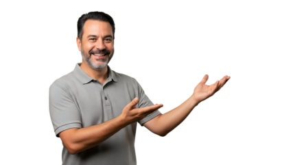 Mature man with a beard and graying hair wearing a polo shirt gesturing with his hands isolated on transparent background