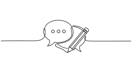 Continuous line art featuring communication bubbles and a pencil, symbolizing creative writing © Hitam Putih