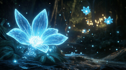 Mutant Moonflower Blooming at Midnight A glowing blue flower with crystalline petals that emit soft light, surrounded by floating particles in a dark, enchanted forest.