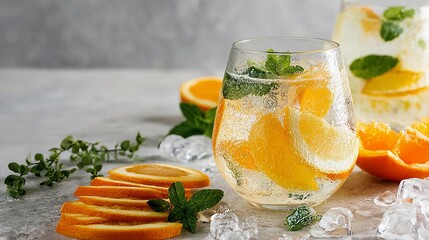 A refreshing glass of citrus-infused water garnished with orange slices, mint leaves, and ice cubes, set on a rustic surface with additional fruit and herbs.