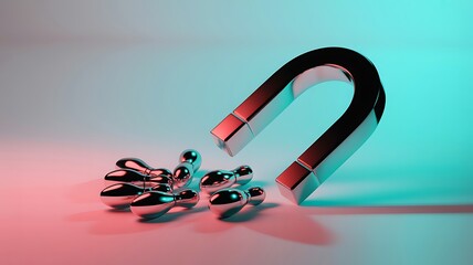 Metallic horseshoe magnet attracting small metal objects with beautiful gradient lighting from teal to pink