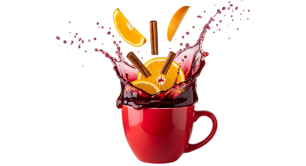 A vibrant red mug overflowing with a dynamic splash of rich red liquid and fresh orange slices and cinnamon sticks isolated on transparent background