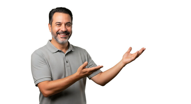 Mature man with a beard and graying hair wearing a polo shirt gesturing with his hands isolated on transparent background