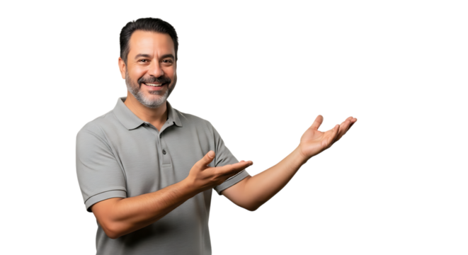 Mature man with a beard and graying hair wearing a polo shirt gesturing with his hands isolated on transparent background - Powered by Adobe