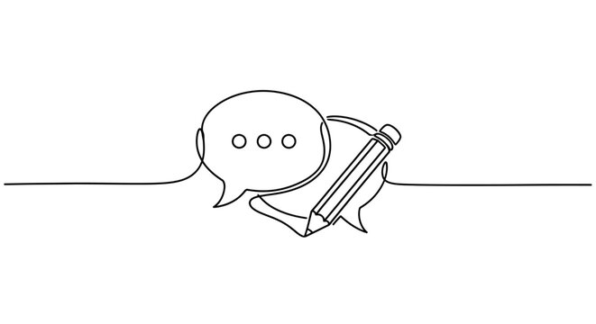Continuous line art featuring communication bubbles and a pencil, symbolizing creative writing
