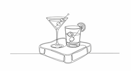 Continuous Line Drawing: Elegant Cocktail Glasses with Olives and Citrus Slice Design