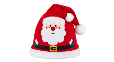 Festive red santa claus hat with a cheerful embroidered face and white pom pom trim isolated on transparent background