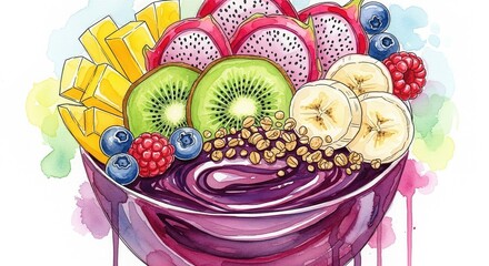 Watercolor illustration of acai bowl with kiwi, banana, dragon fruit, berries, mango and granola.