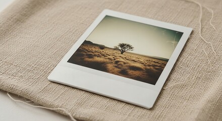 Instant photo of desert tree landscape placed on rustic burlap fabric background.