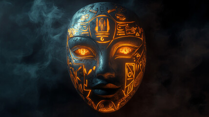 Mysterious Mask with Shifting Symbols An ornate tribal mask where ancient symbols morph into futuristic glyphs, glowing faintly against a dark, smoky backdrop.