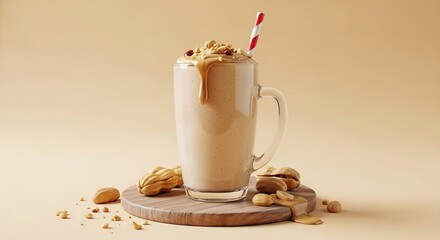 Creamy peanut butter milkshake topped with nuts and caramel, isolated on beige background.