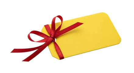 A bright yellow gift tag with a vibrant red satin ribbon tied in a neat bow for special occasions and celebrations isolated on transparent background