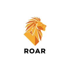 A geometric golden lion head logo with a majestic mane, positioned above the bold black word ROAR. © Khairul