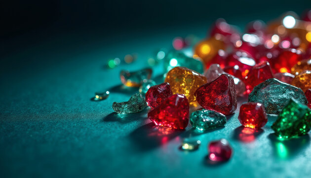 Vibrant Stained Glass Shards Macro Reflective Abstract Art on Teal Surface for Luxury Design