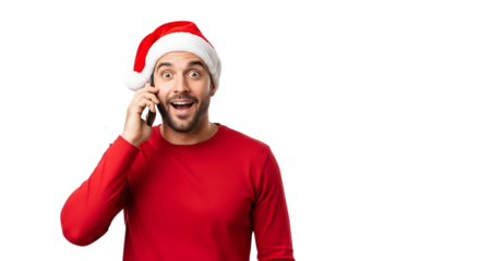 Excited man wearing santa hat speaking on mobile phone with joyful expression isolated on transparent background