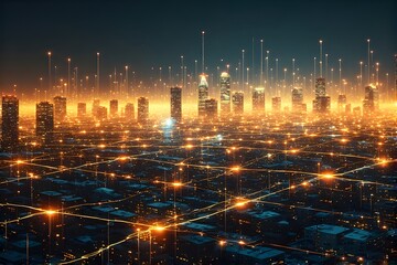 Stunning aerial view of futuristic city skyline with glowing data connections creating a dynamic network, showcasing technology and innovation