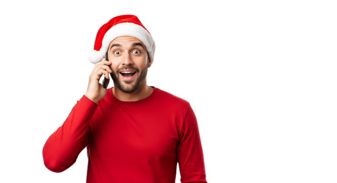 Excited man wearing santa hat speaking on mobile phone with joyful expression isolated on transparent background