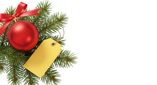 Festive red christmas ornament tied with a bright ribbon adorns a green pine branch with a blank golden gift tag isolated on transparent background - Powered by Adobe