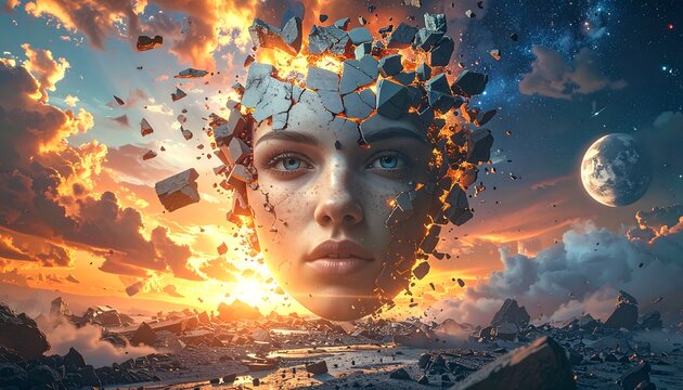 A woman's head, made of fractured stone, floats amidst a dramatic sunset and exploding cosmos