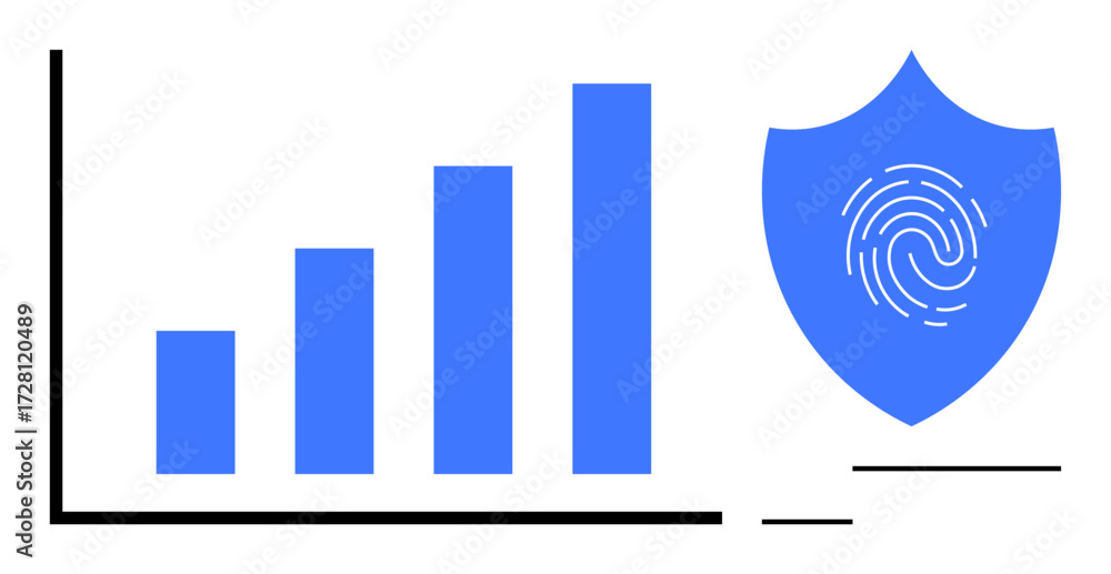Poster bar chart representing data growth alongside a fingerprint shield signifying security. ideal for dat