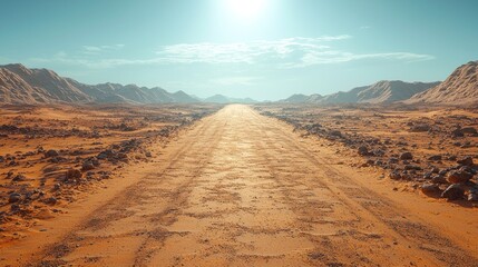 Sandy road stretching through a desert landscape under a bright sky