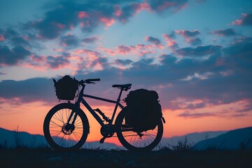 Obraz premium Epic bicycle silhouette against a vibrant sunset sky, promising adventure and exploration on rugged terrain.