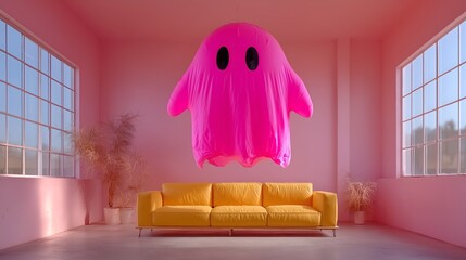 Playful Pink Ghost Levitates Over a Yellow Sofa in a Pink Room.