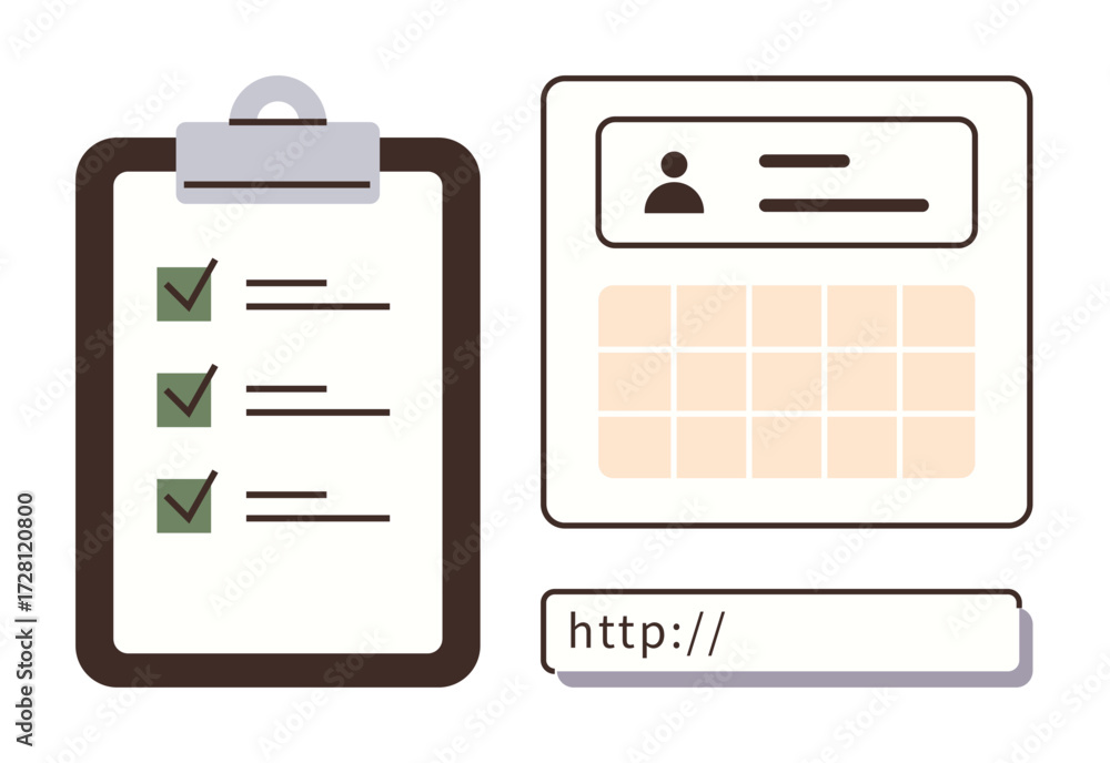 Poster clipboard checklist with green check marks, calendar with user profile, and url bar. ideal for produ