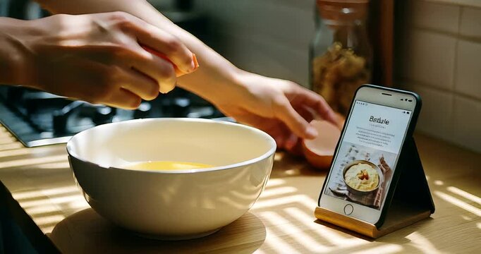 Cracking Eggs into a Bowl while Following a Recipe on a Smartphone in a Kitchen