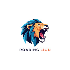 A modern graphic logo of a roaring lion's head with a vibrant blue mane and open mouth.