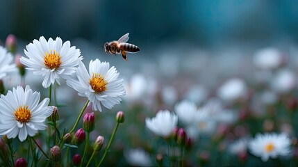 Honeybee in Flight Approaching White Cosmos Flowers Macro Photography in Natural Light with Blurred Green and Blue Background