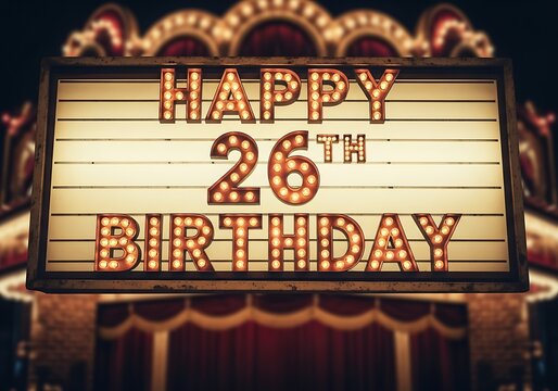 Close-Up of Illuminated Marquee Sign 'Happy 26th Birthday' with Blurry Theater Background