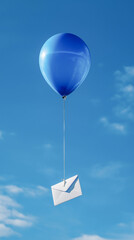 Fototapeta premium A vibrant blue balloon floats gracefully in a clear blue sky, with a white envelope dangling below, suggesting a message waiting to be discovered.