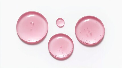 Close-up of translucent pink liquid droplets arranged on a white background, showcasing varying sizes and reflective surfaces.
