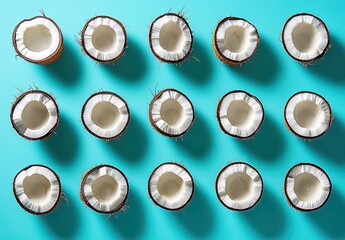 Fresh coconuts arranged in grid pattern on teal