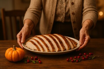 Serving the Thanksgiving Turkey: Grandmother Placing Sliced Meat on Dining Table