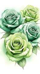 Beautiful cluster of delicate green roses with soft watercolor texture and white background