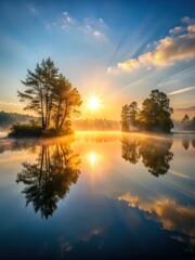 Naklejka premium A peaceful lake at dawn with mist rising from the water and sun peeking through the trees
