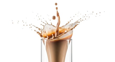 Splash of chocolate milk in glass with dynamic motion and droplets isolated on white.