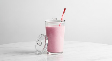 Glass of pink strawberry milkshake with straw and lid on marble surface.