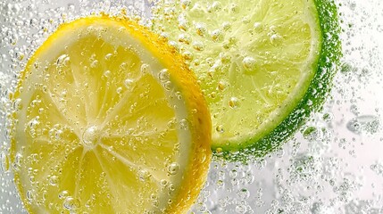 A close-up of a vibrant lemon and lime slice submerged in water, showcasing their juicy textures and refreshing colors.