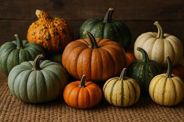 Rustic Autumn Bounty: A Diverse Display of Heirloom Pumpkins and Gourds
