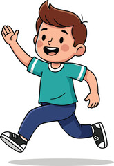 Cartoon happy boy running and jumping, smiling child with raised hand, energetic playful kid illustration, active lifestyle, outdoor fun concept for children
