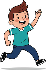 Cartoon happy boy running fast with smiling face, playful child in casual clothes, energetic kid illustration, active lifestyle concept for children