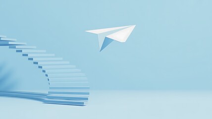 Paper airplane flying above a curved staircase on a soft blue background depicting growth and progress